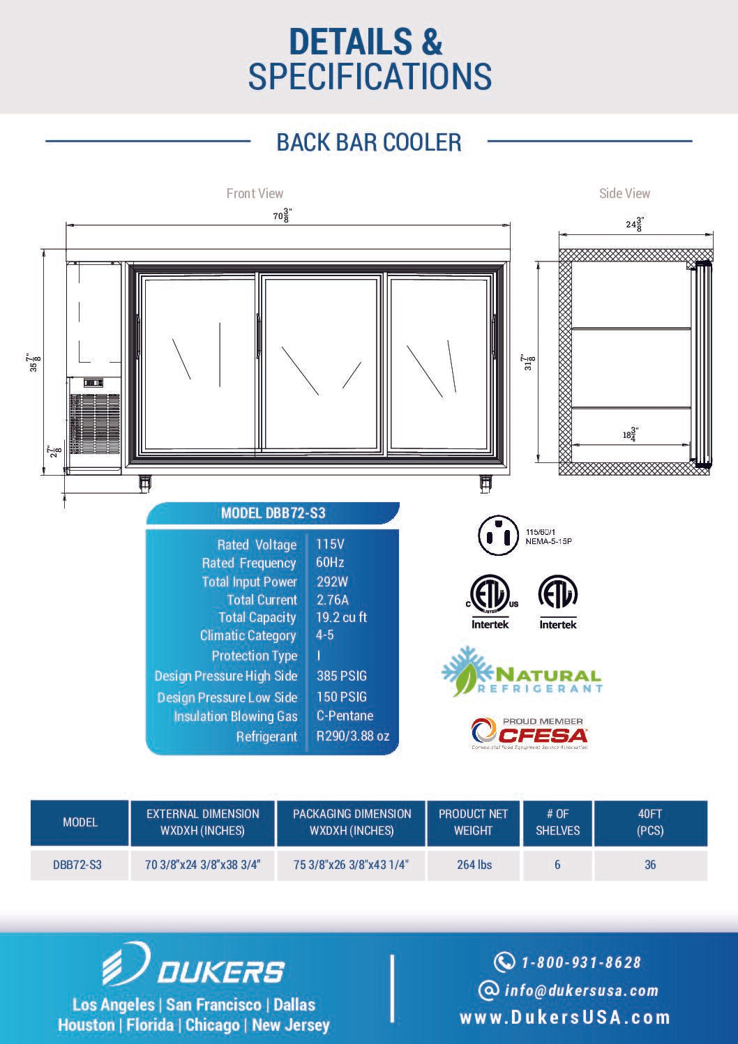 New Dukers DBB72-S3 3 Door Bar and Beverage Cooler (Sliding Doors)