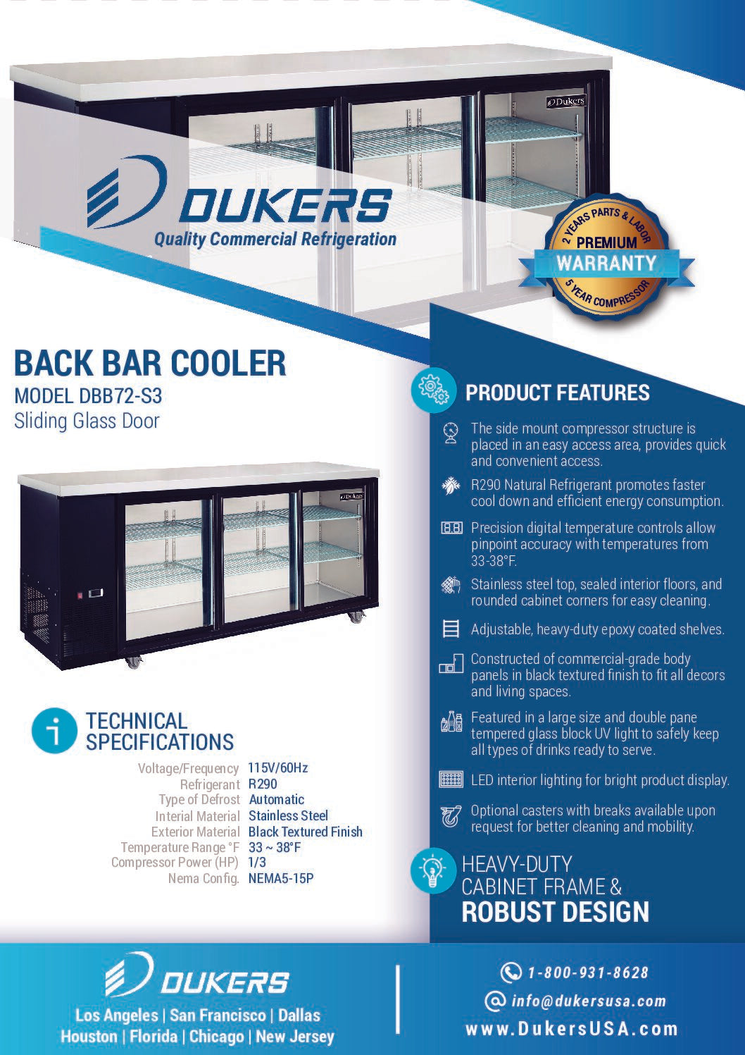 New Dukers DBB72-S3 3 Door Bar and Beverage Cooler (Sliding Doors)