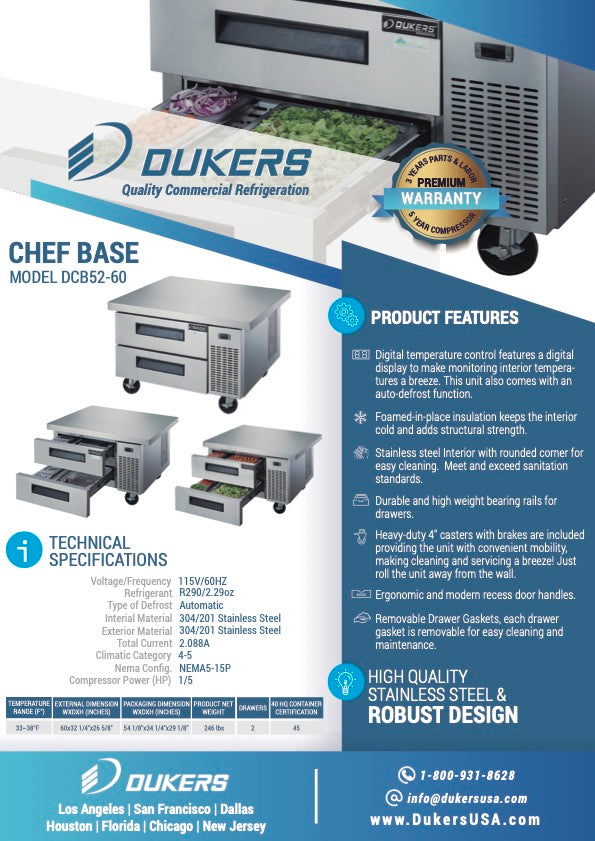 New Dukers DCB52-60-D2 Chef Base Refrigerator with 2 Drawers