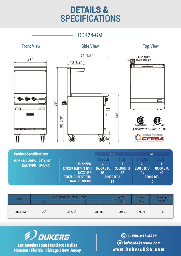 New Dukers DCR24-GM 24″ Gas Range with 24″ Flat Top Griddle