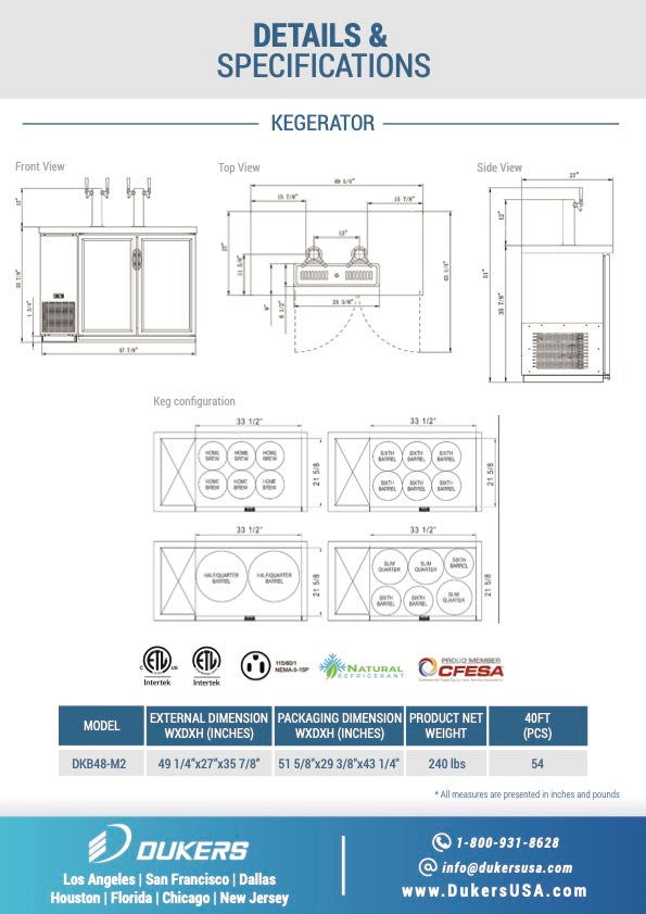 New Dukers DKB48-M2 Dual Tap Kegerator