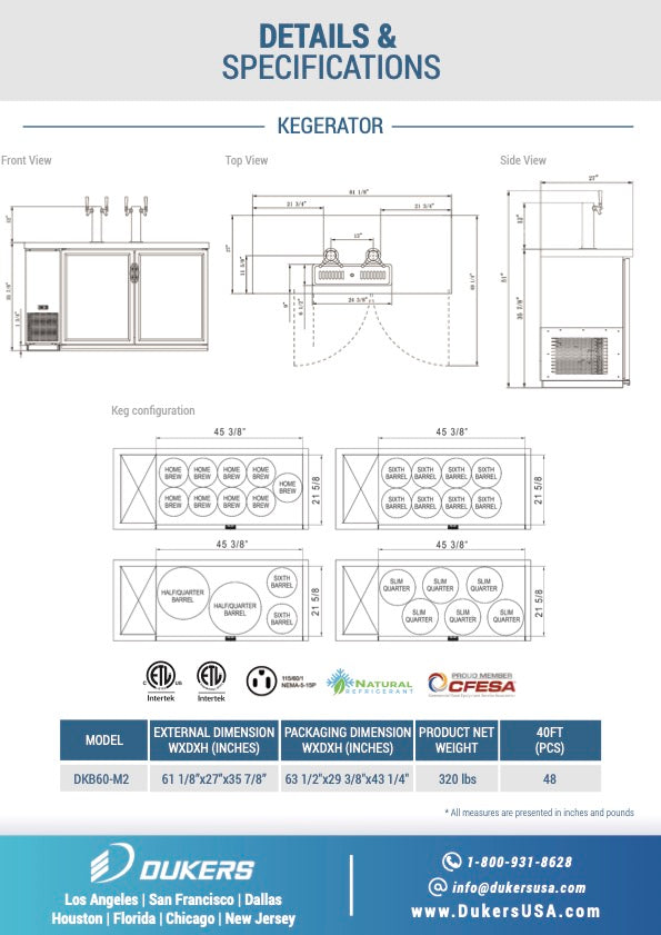 New Dukers DKB60-M2 Dual Tap Kegerator