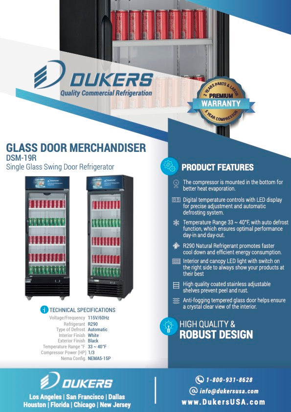 New Dukers DSM-19R Commercial Single Glass Swing Door Merchandising Reach-in Cooler Refrigerator