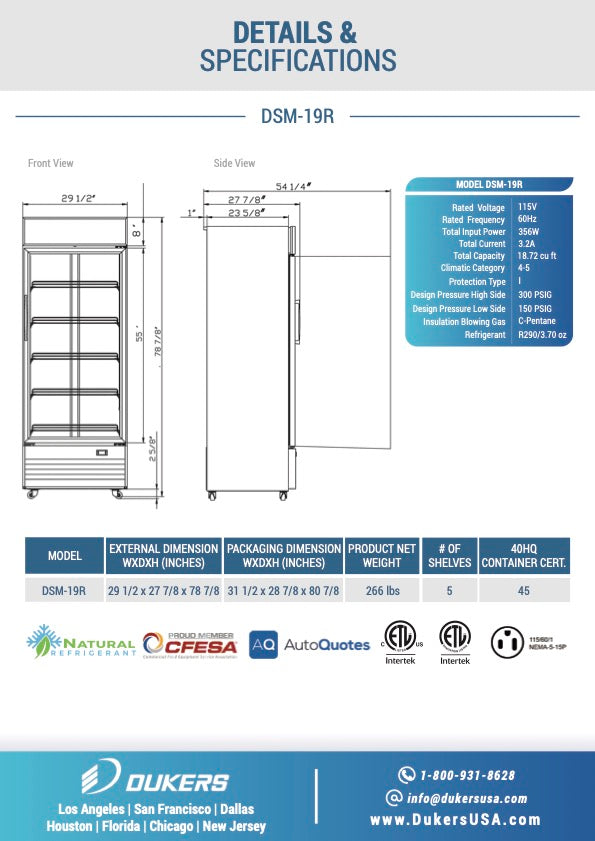 New Dukers DSM-19R Commercial Single Glass Swing Door Merchandising Reach-in Cooler Refrigerator