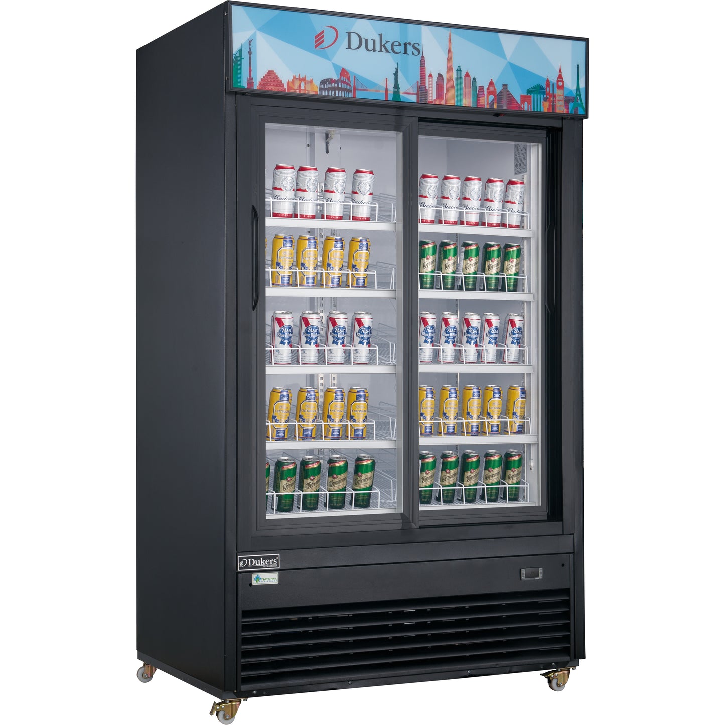 New Dukers DSM-40SR Commercial Glass Sliding 2-Door Merchandising Reach-in Cooler Refrigerator in Black