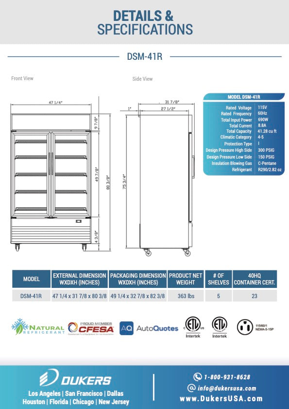 New Dukers DSM-41R Commercial Glass Swing 2-Door Merchandising Reach-in Cooler Refrigerator