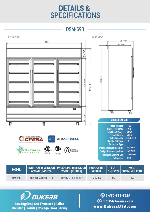 New Dukers DSM-69R Commercial Glass Swing 3-Door Merchandising Reach-in Cooler Refrigerator