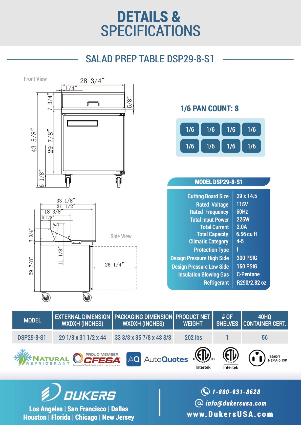 New Dukers DSP29-8-S1 1-Door Commercial Food Prep Table Refrigerated in Stainless Steel