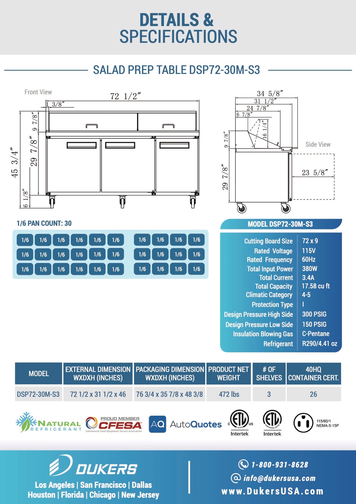 New Dukers DSP72-30M-S3 3-Door Commercial Food Prep Table Refrigerated in Stainless Steel with Mega Top