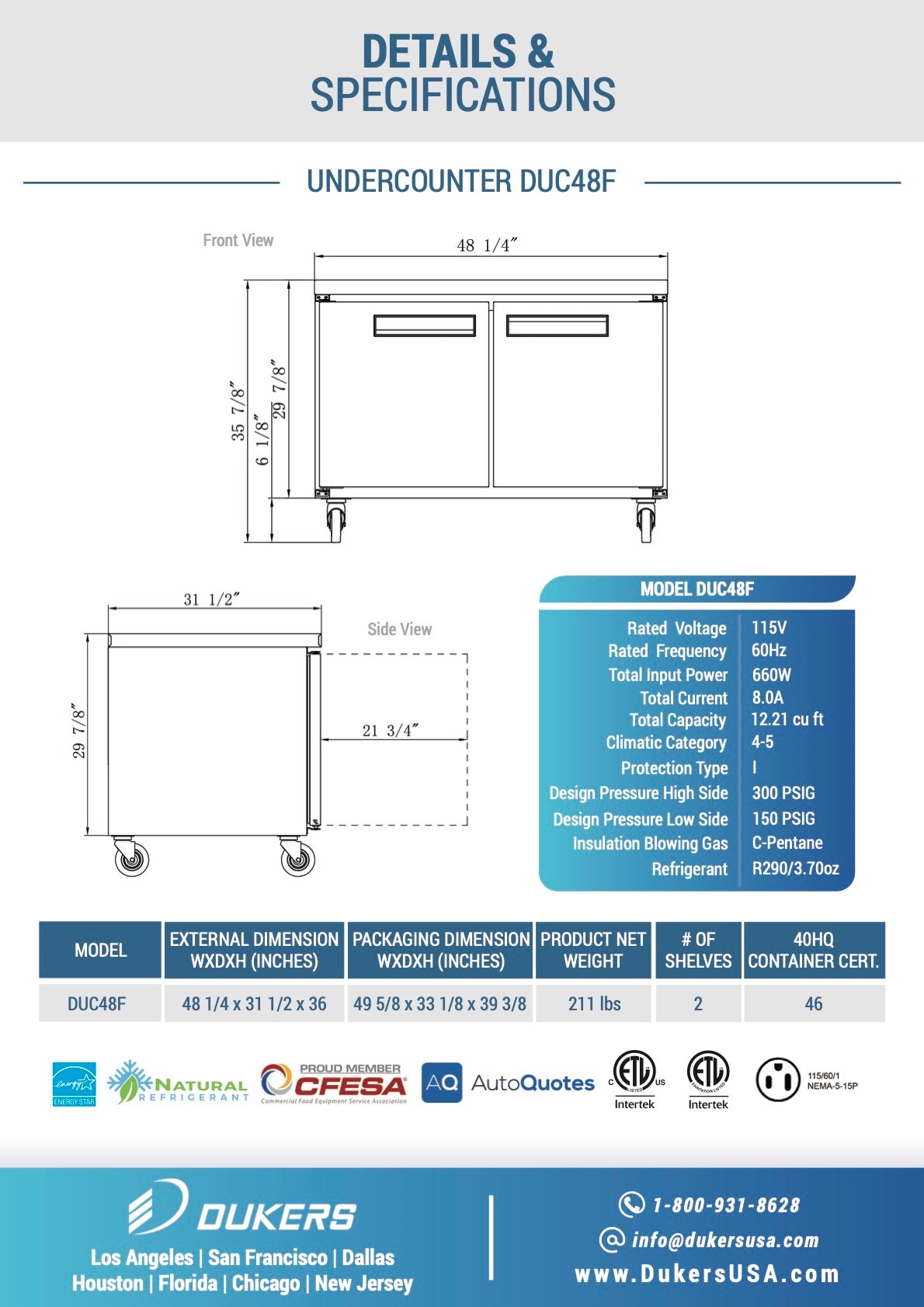 New Dukers DUC48F 2-Door Undercounter Freezer in Stainless Steel