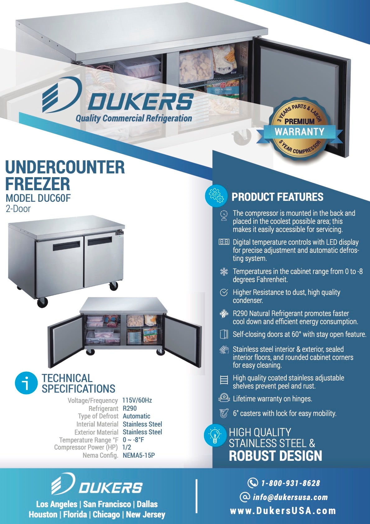 New Dukers DUC60F 2-Door Undercounter Commercial Freezer in Stainless Steel