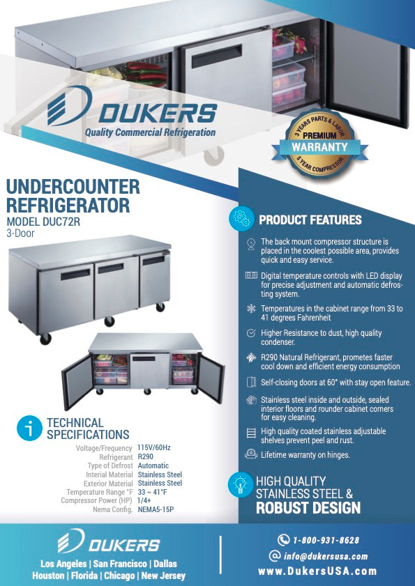 New Dukers DUC72R 3-Door Undercounter Commercial Refrigerator in Stainless Steel