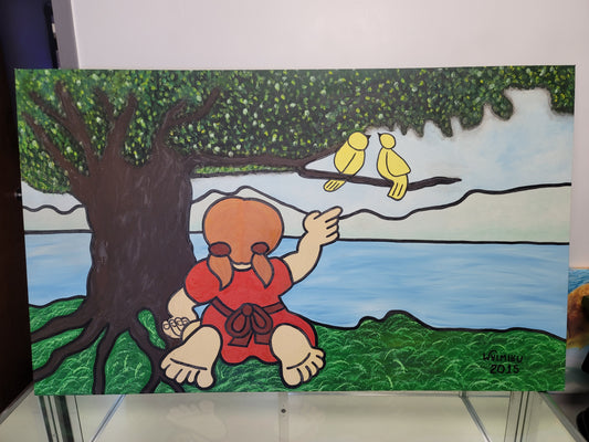 New Walmiru Original Faceless Painting on Canvas -  Girl Birds 36" x 60"