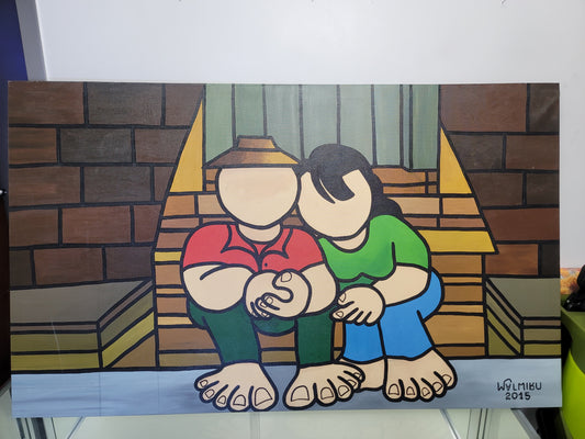 New Walmiru Original Faceless Painting on Canvas - Couple on Steps 36" x 60"