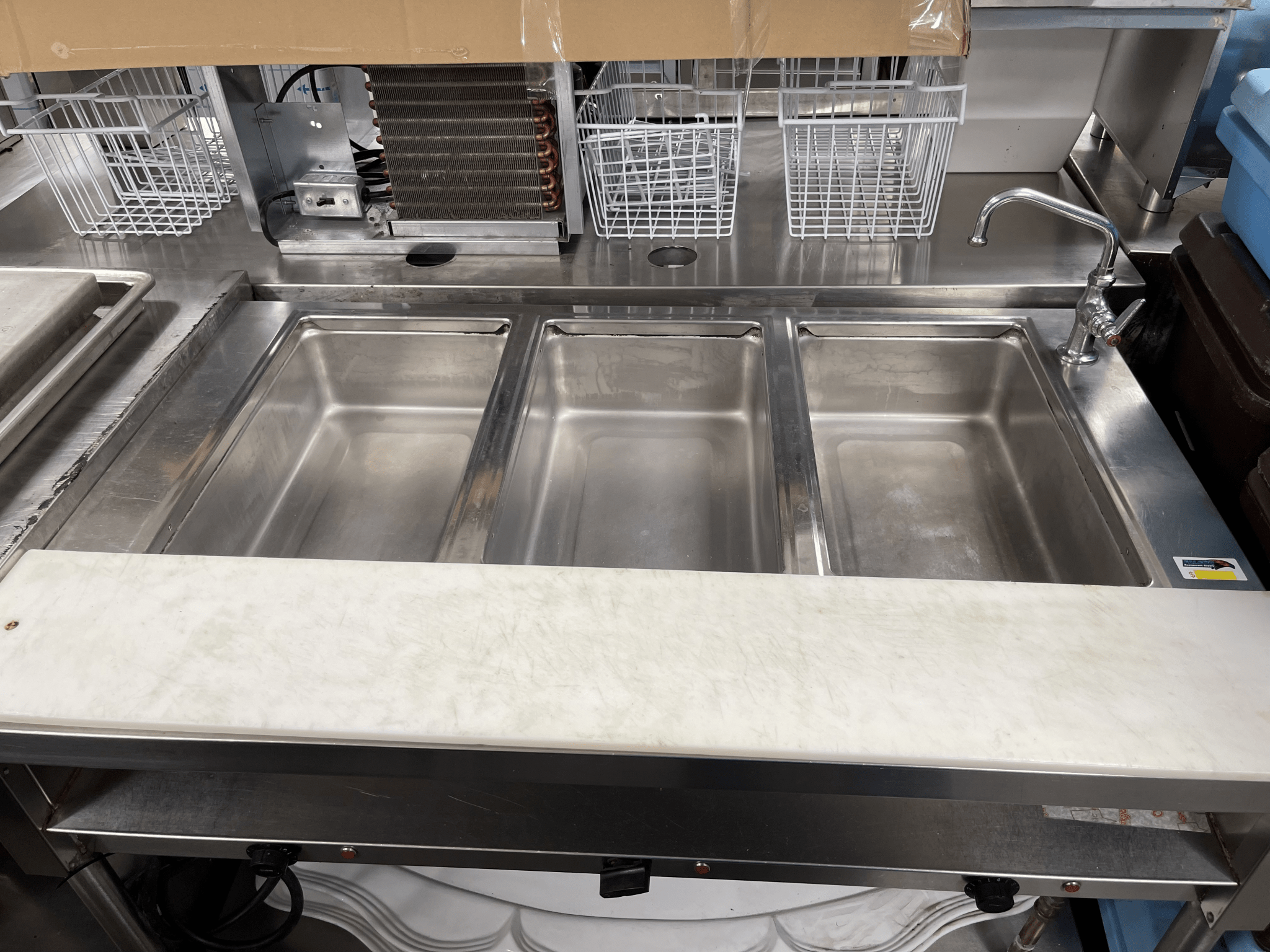 Used 48" Open Well 3 Pan Electric Stainless Steel Steam Table with Faucet 220V - Falcon Restaurant Supply - 1