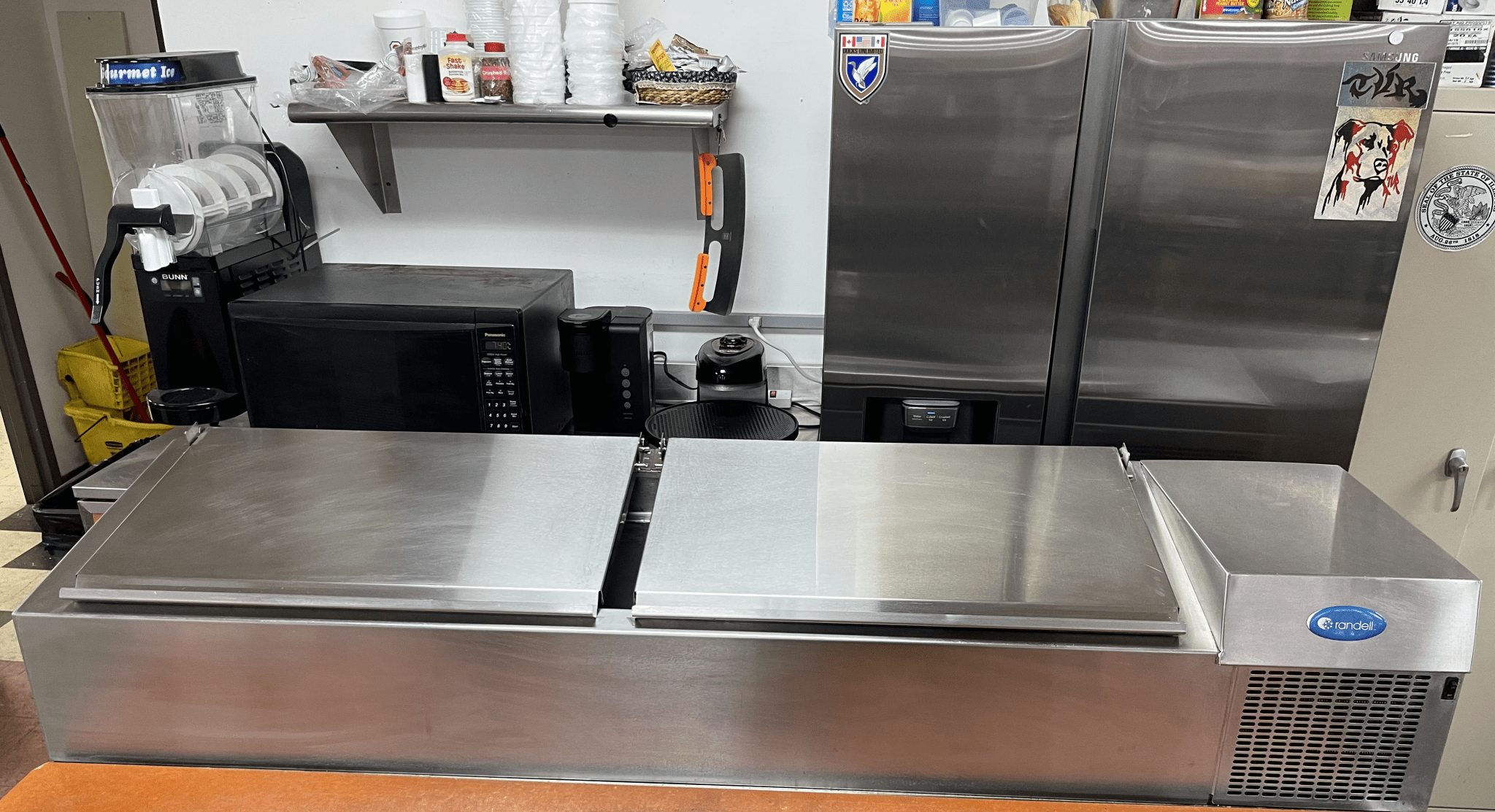 Used Randell CR9074 - 290 Refrigerated Countertop Condiment Prep Table 74"W 120V - Falcon Restaurant Supply - 1