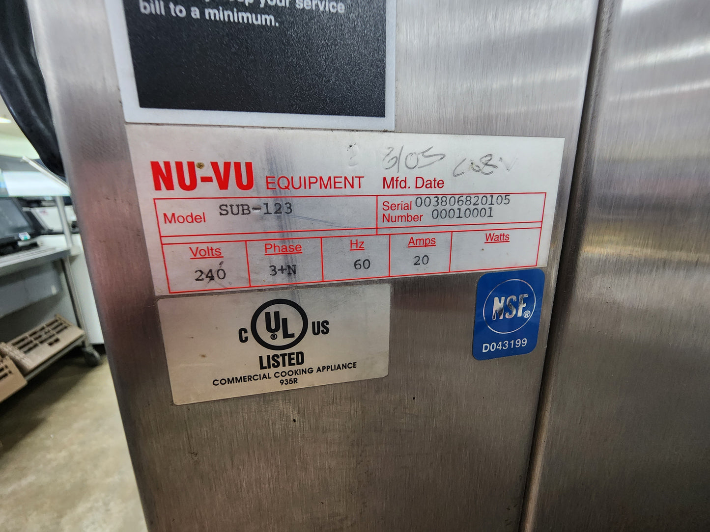 Used NU-VU SUB-123 Double Deck Electric Heated  Oven Proofer Oven Combo Phase 3+N - 240v