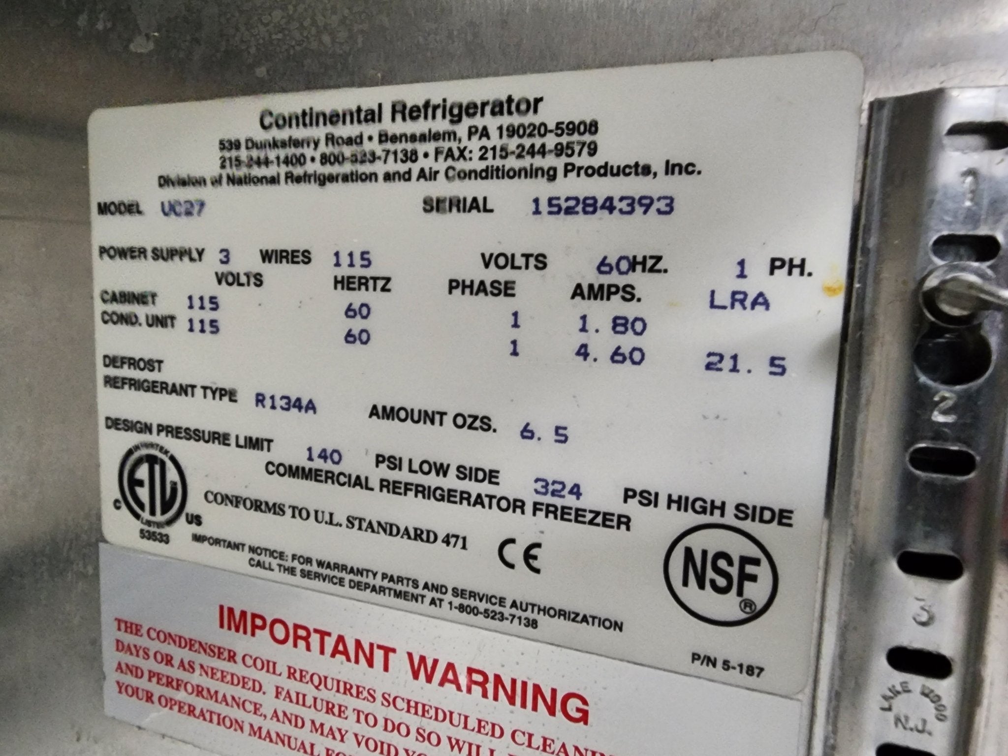 Used 27" Continental UC27 Undercounter Refrigerator - 1 section - Falcon Restaurant Supply - 5