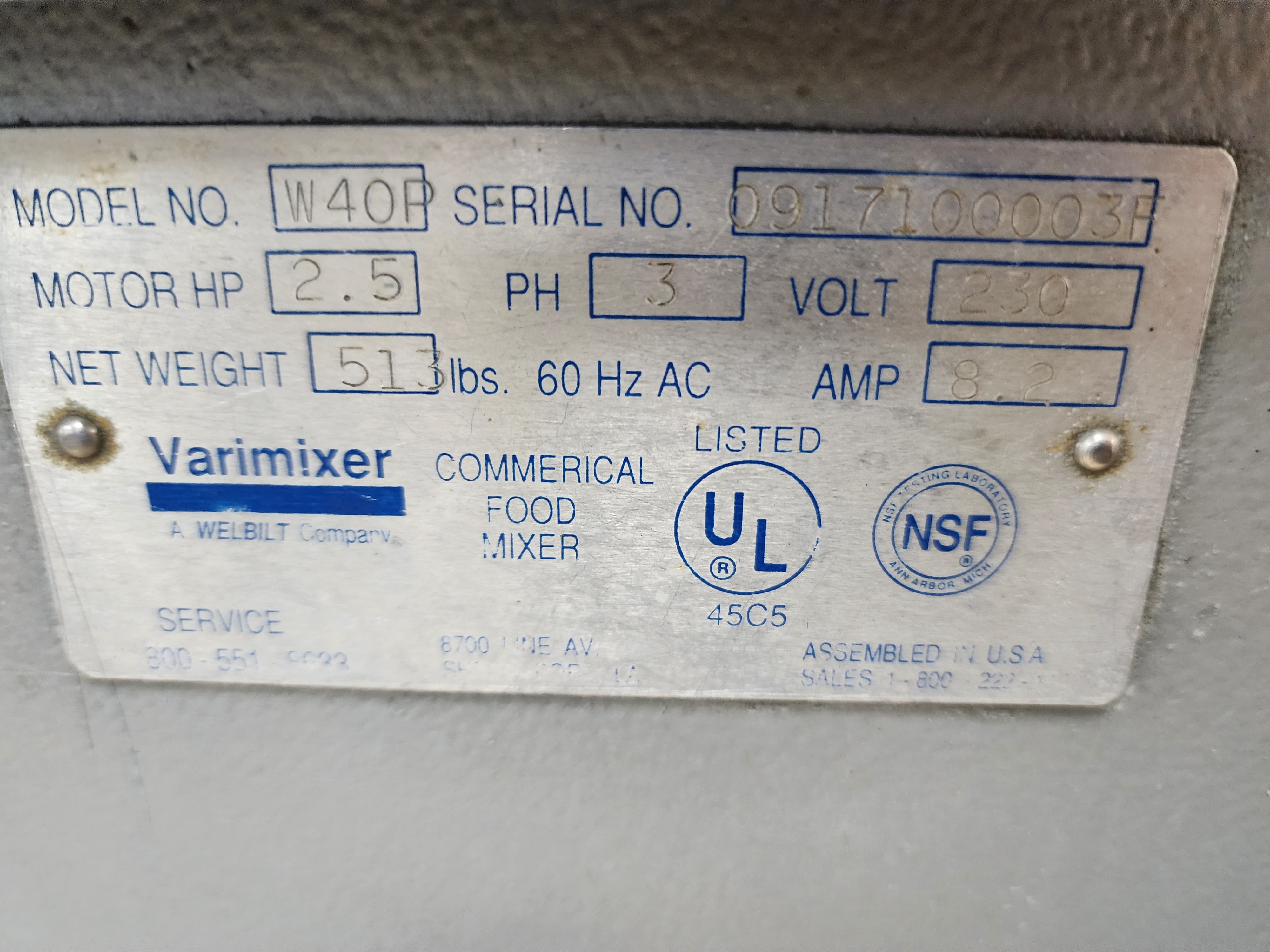 Used Varimixer Welbilt  40 Qt Floor Mixer