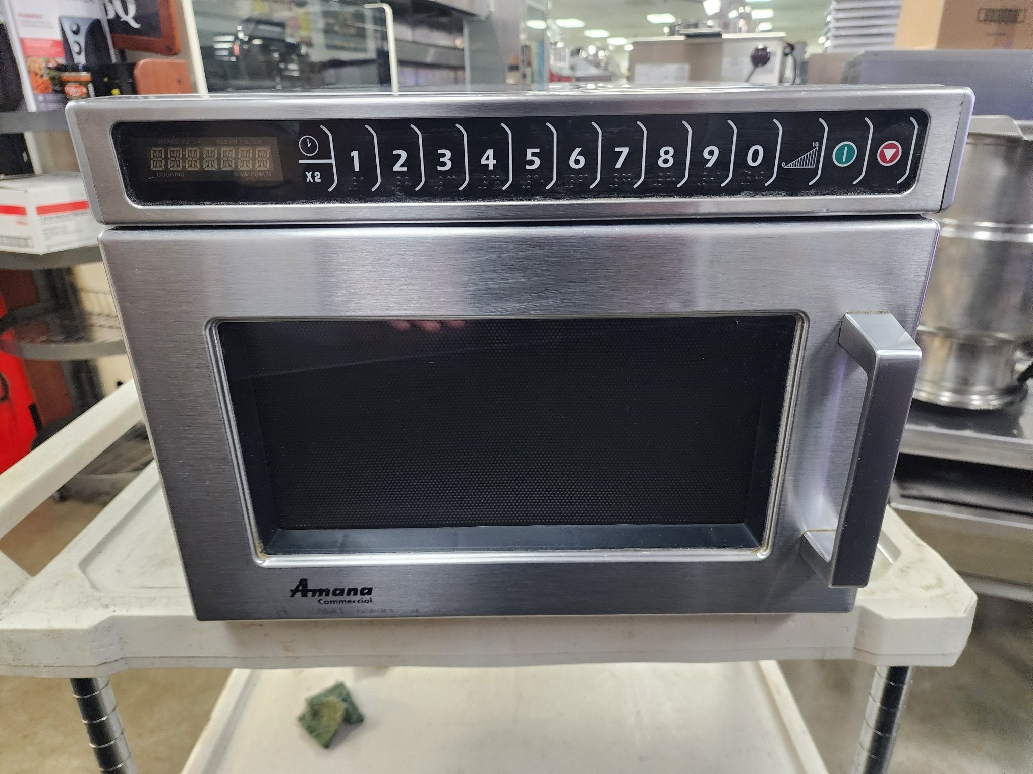 Used Amana HDC12A2 Heavy Duty Stainless Steel Commercial Microwave with Push Button Controls - 120V, 1200W - Falcon Restaurant Supply - 1