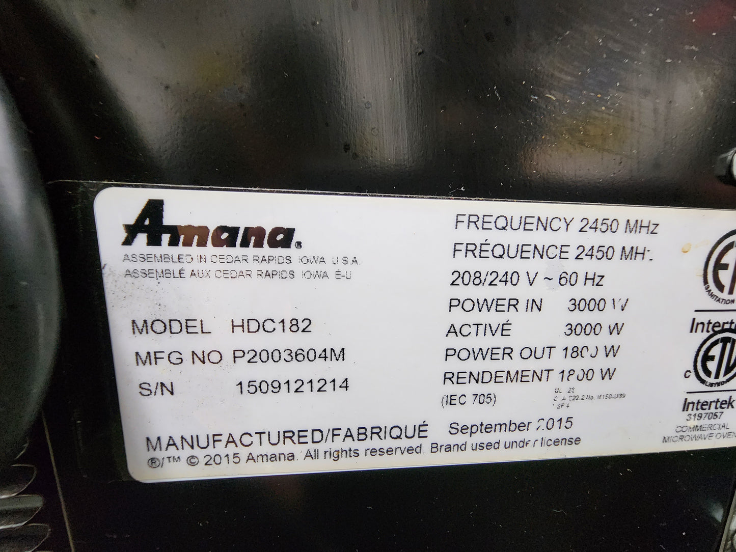 Used Amana HDC182 Commercial Digital Microwave .6 Cft Countertop 1800 Watt Heavy Volume 220V