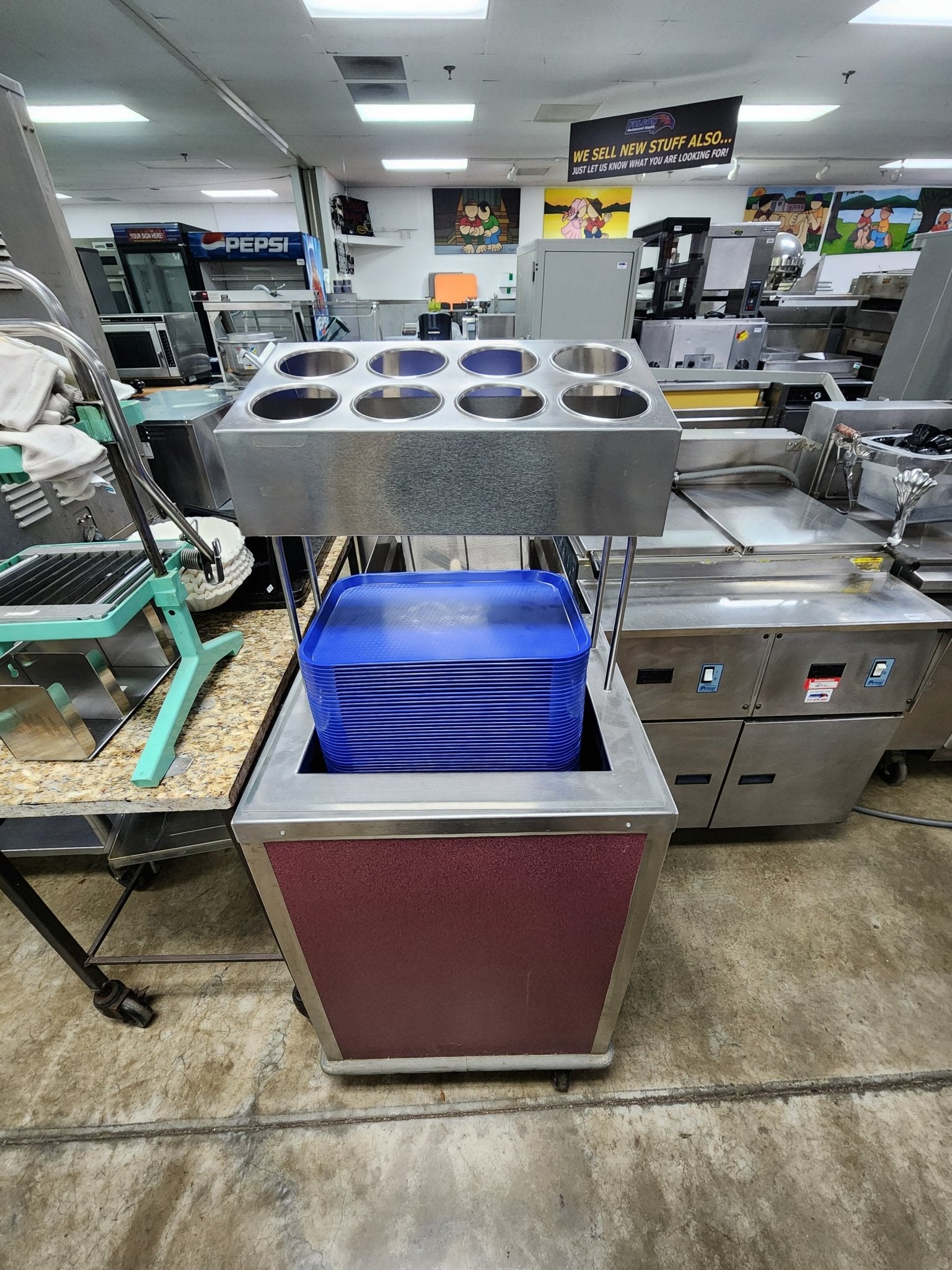 Used Delfield T - 1216 Enclosed Mobile 12" x 16" Tray Dispenser | Single Platform w/Silverware Holder Rack - Falcon Restaurant Supply - 1