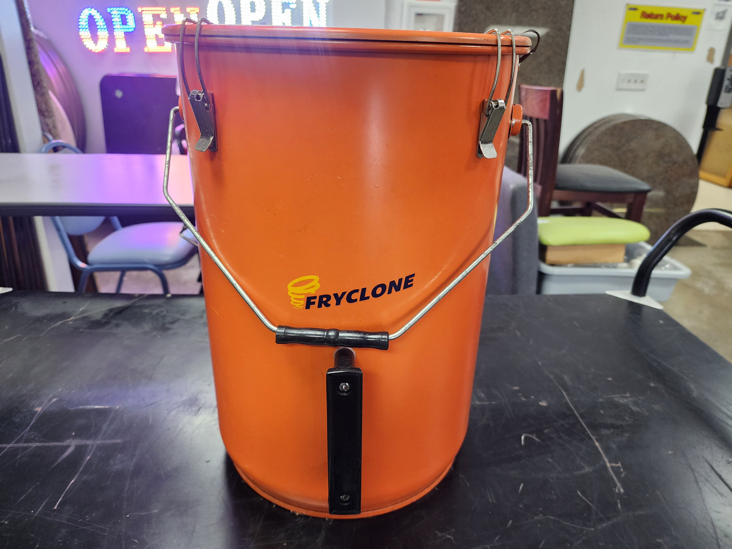 Used Fryclone 6.5 Gallon Orange Fryer Utility Oil Pail with Filters and Filter Funnel