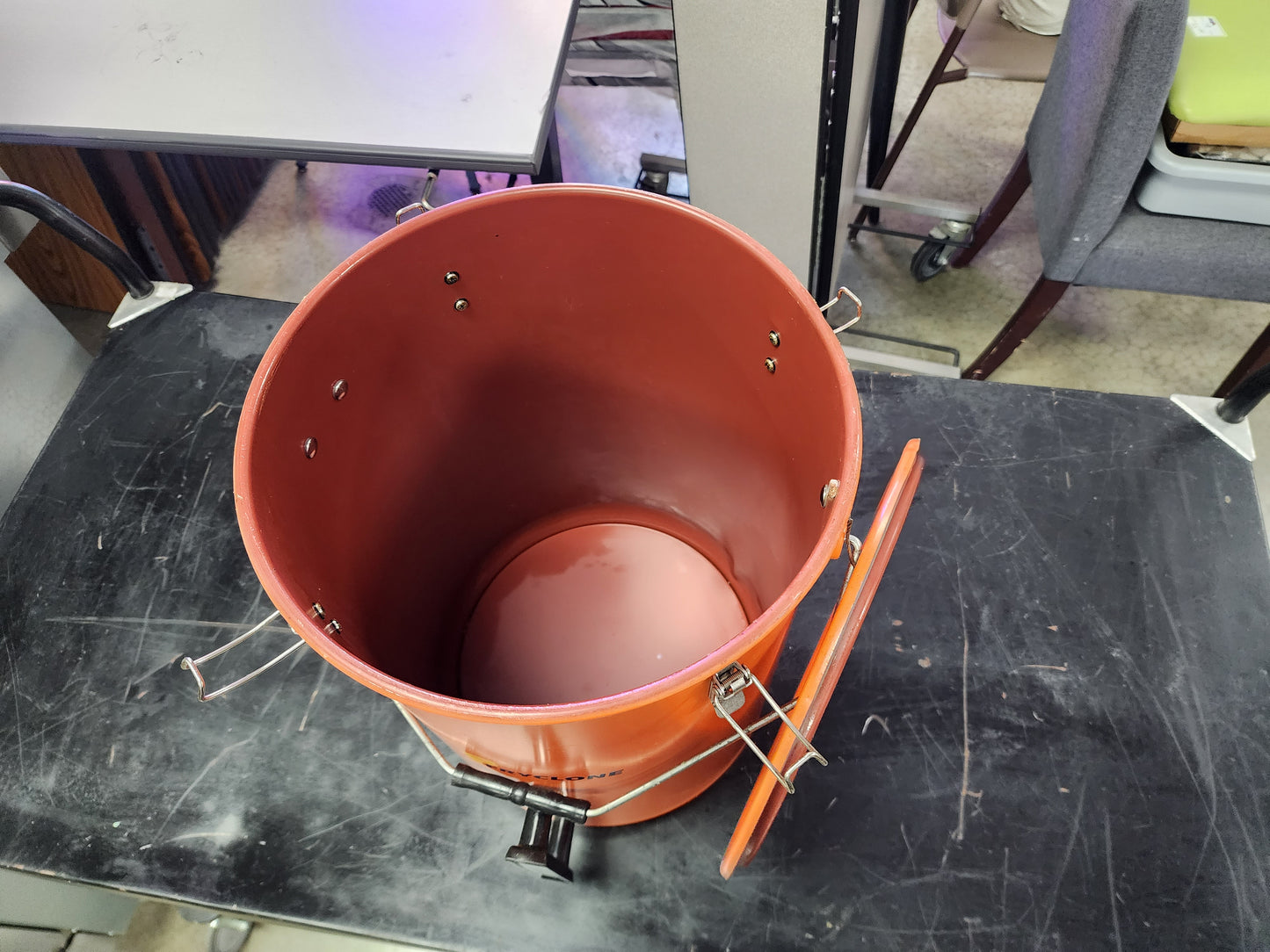 Used Fryclone 6.5 Gallon Orange Fryer Utility Oil Pail with Filters and Filter Funnel