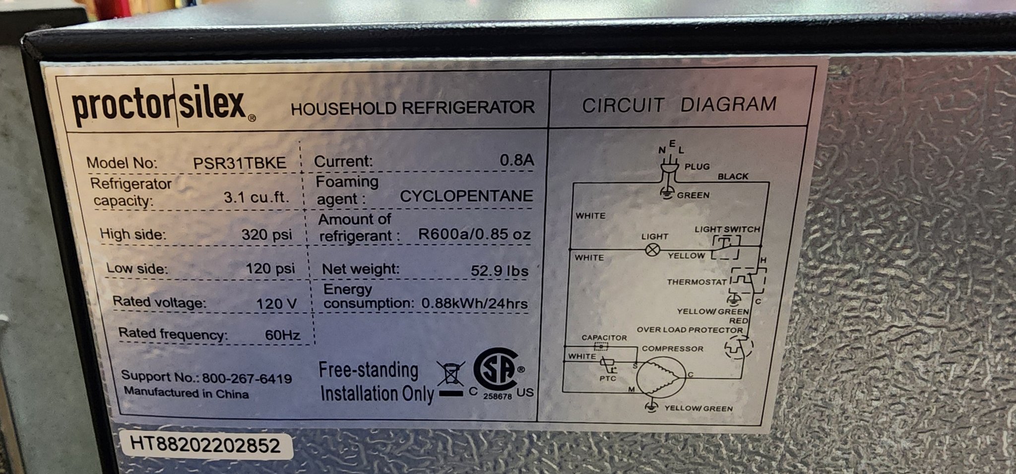 Used Proctor|Silex PSR31TBKE Compact Refrigerator w/ Reversible Double Door Top Mounted Freezer, 3.1 Cubic Feet, Black 120V - Falcon Restaurant Supply - 8