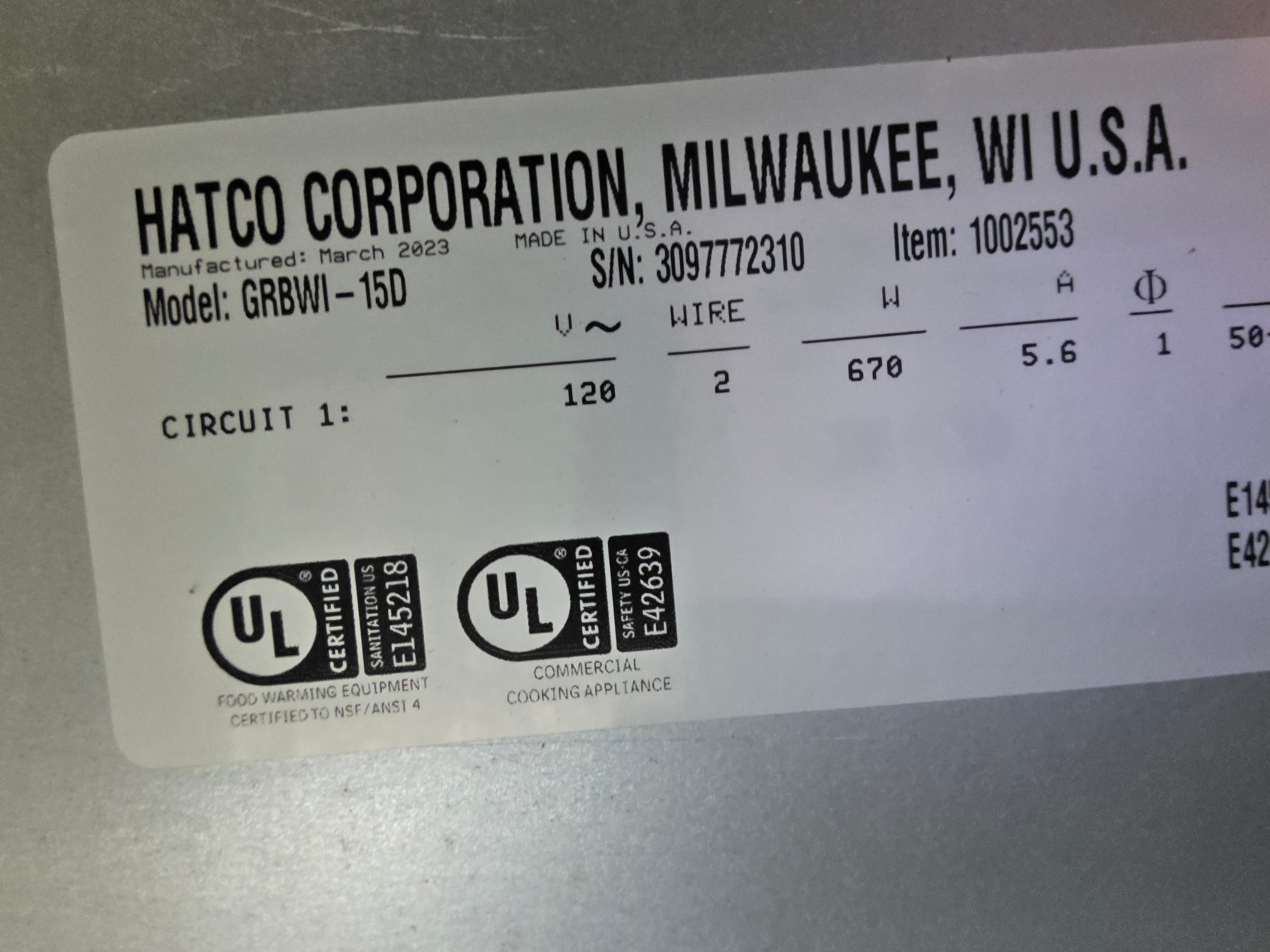 Unused 15" Hatco GRBWI-15D Stainless Countertop Food Warmer - 120V 670W - BF
