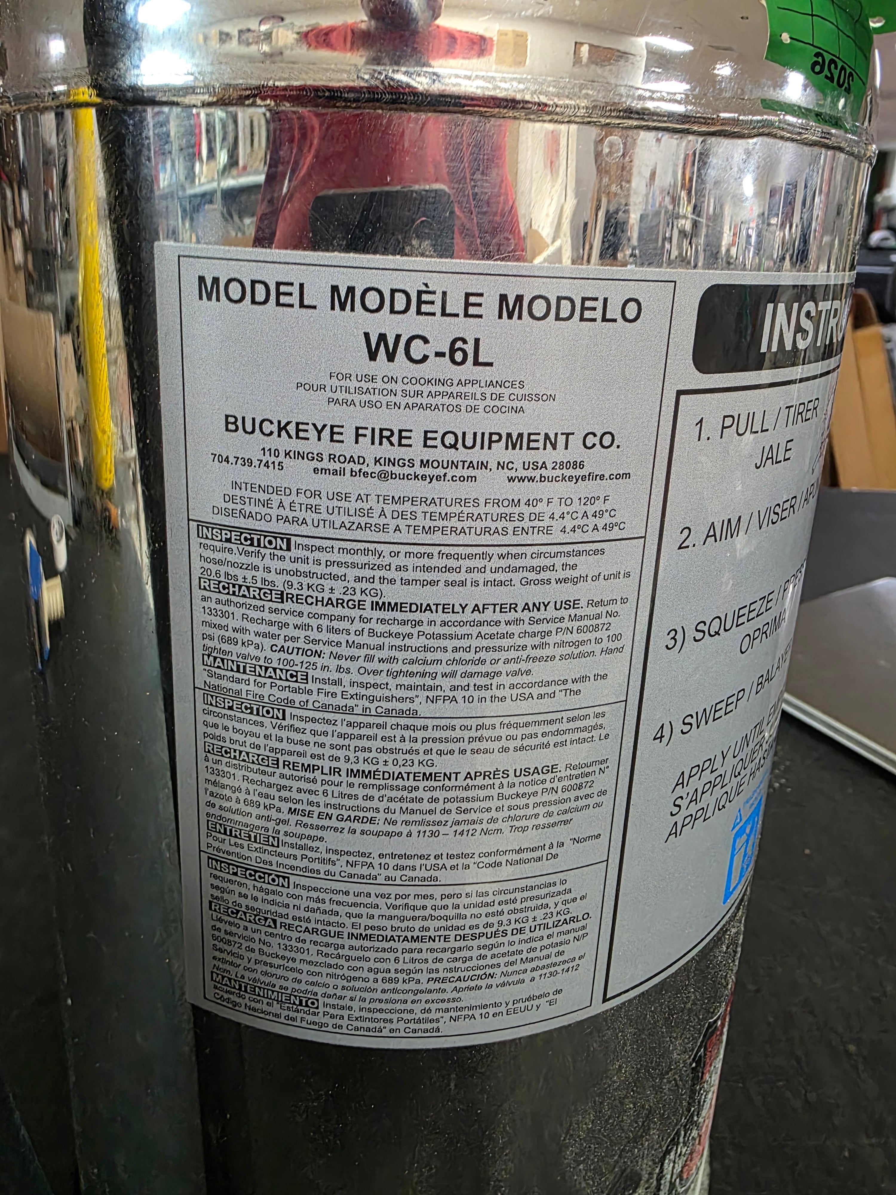 Unused Buckeye WC6L Liter Class K Fire Extinguisher