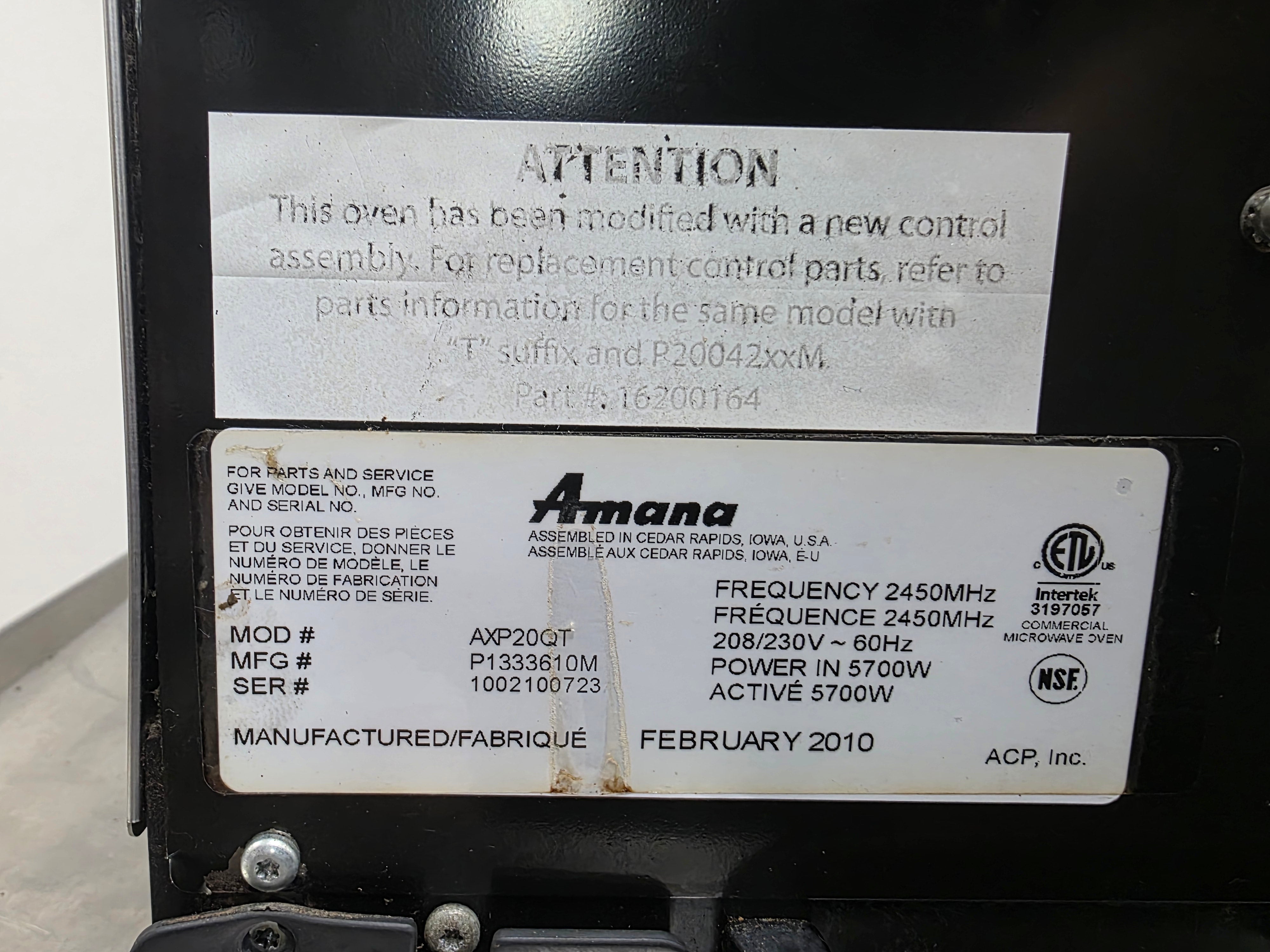 Used 2010 Amana AXP20QT Accelerated Oven 1370Hrs 197045 Cycles - 220V