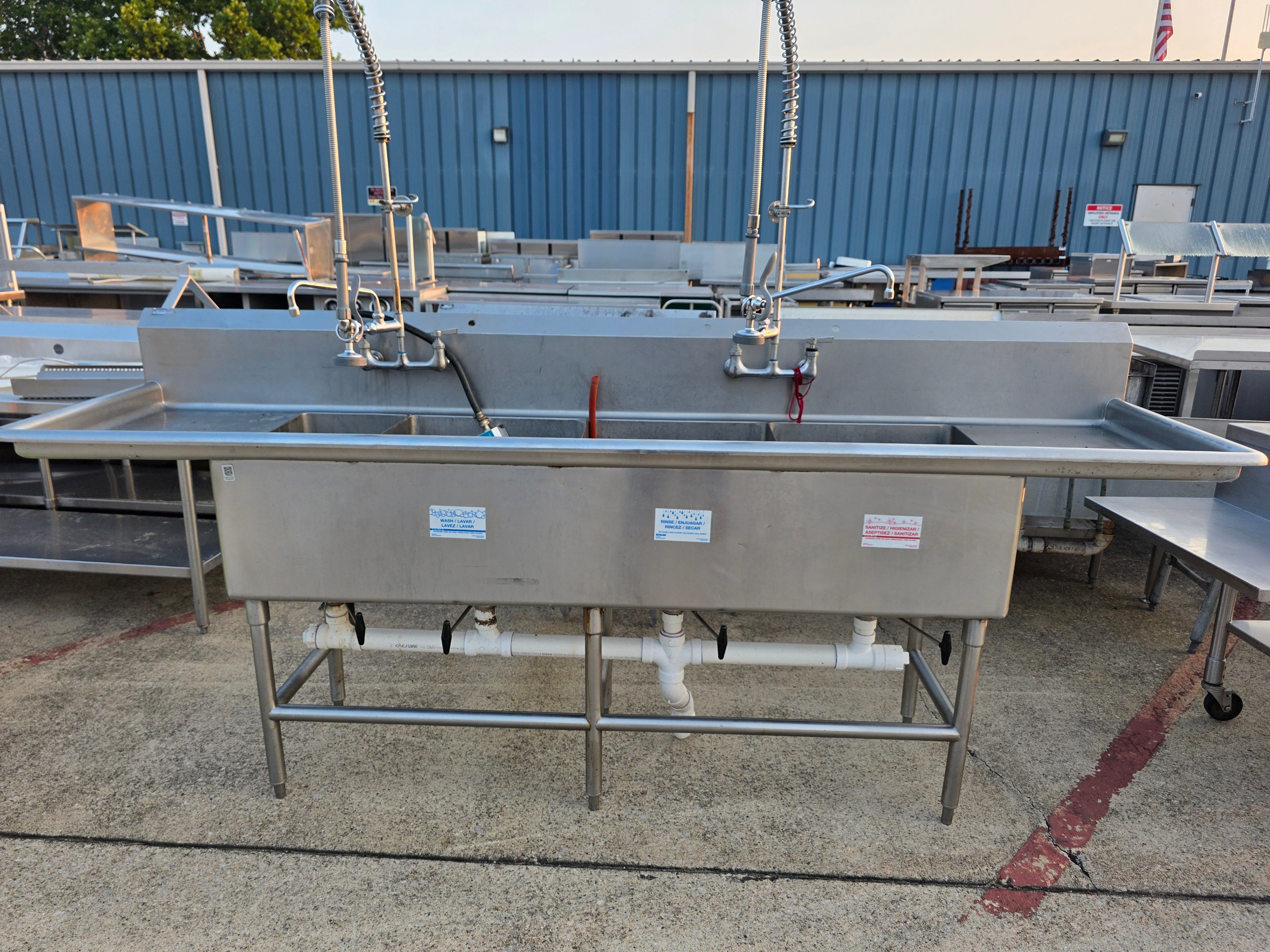 Used 108" Stainless Steel 4 Compartment Sink with Sprayers and Twist Drains - FG9 - SS403