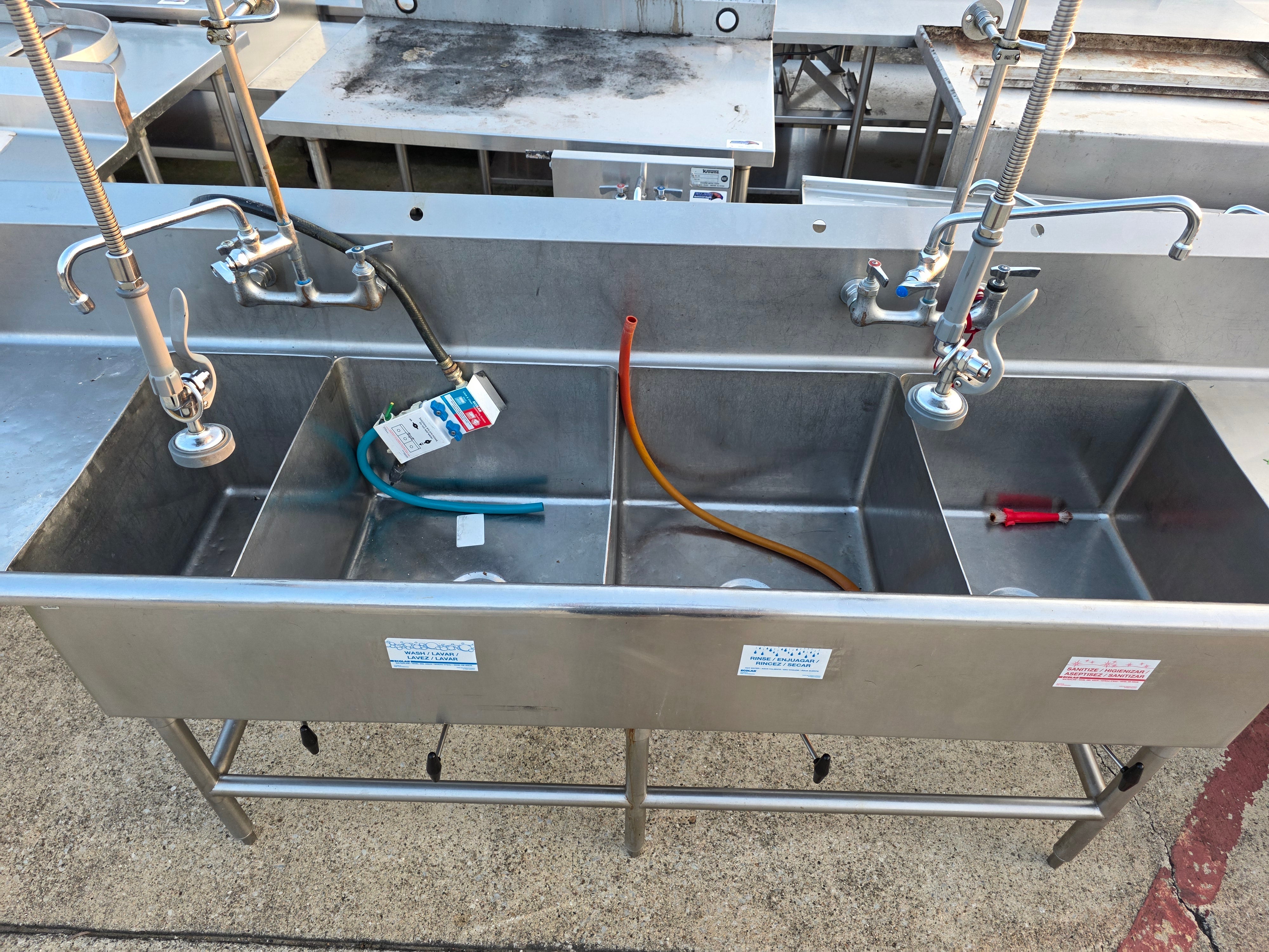 Used 108" Stainless Steel 4 Compartment Sink with Sprayers and Twist Drains - FG9 - SS403