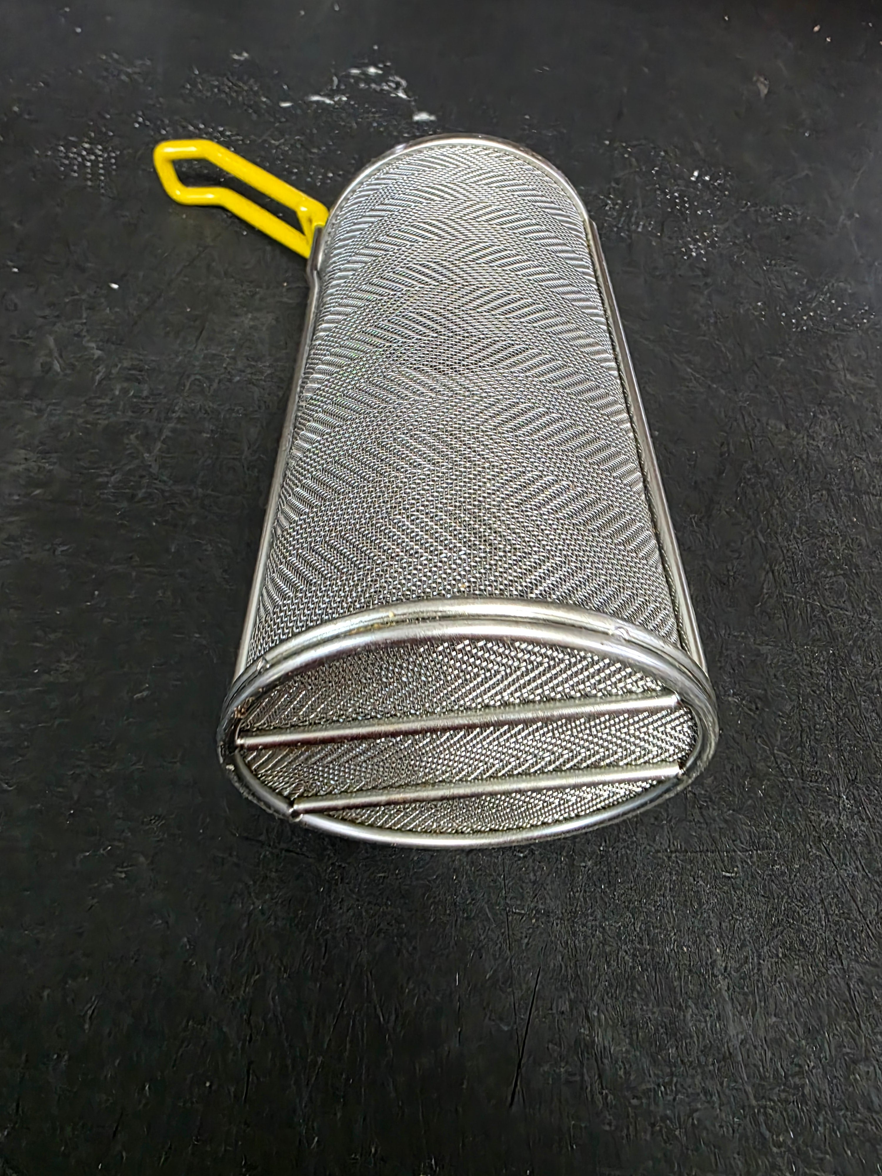 Used  Winco MPF-59, 5" x 9" Super Fine Stainless Steel Mesh Tall Pasta Basket - FG9