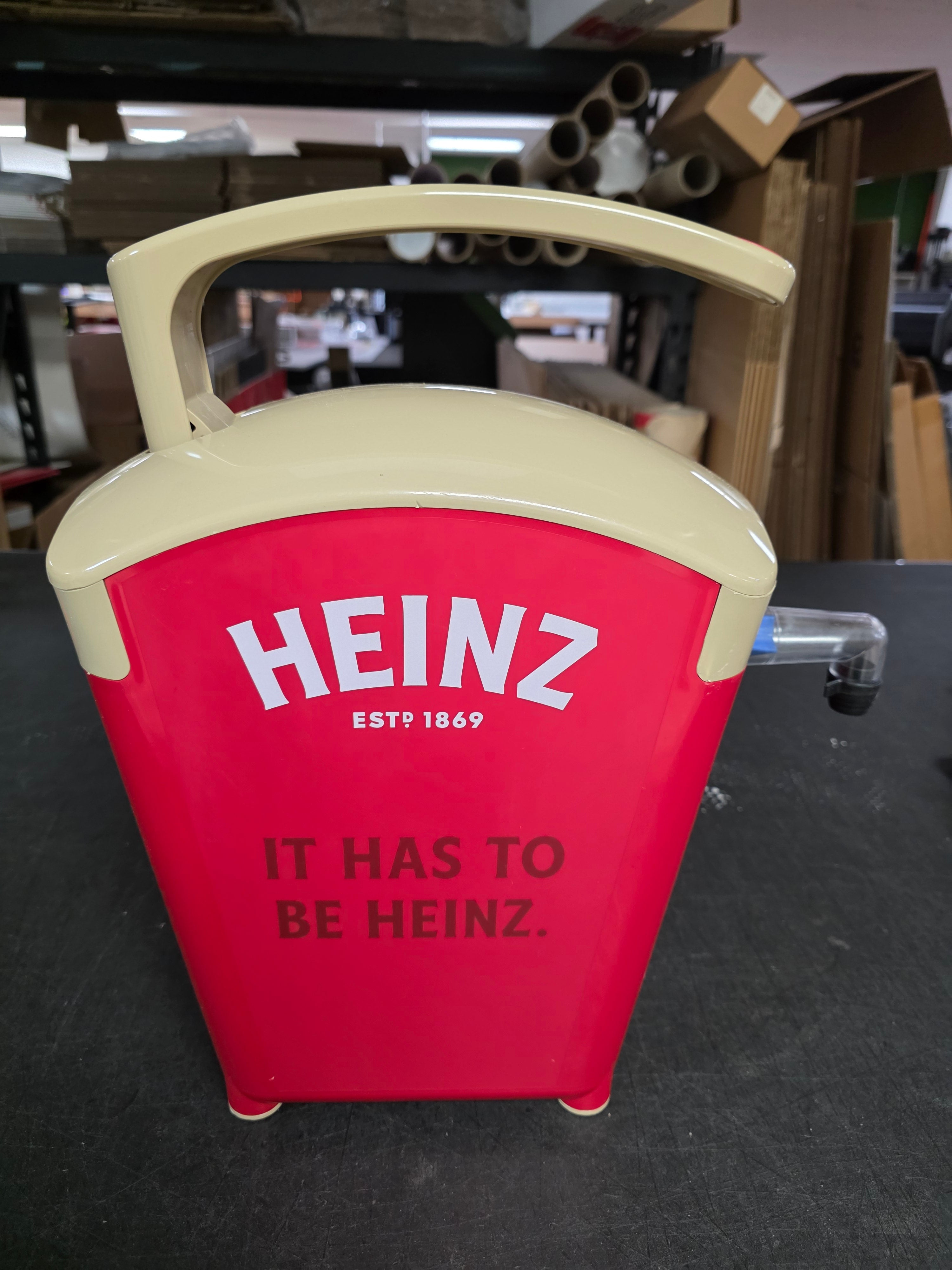 Used Heinz Keystone 1.5 Gallon Red Plastic Countertop Ketchup Pump Dispenser - FG9