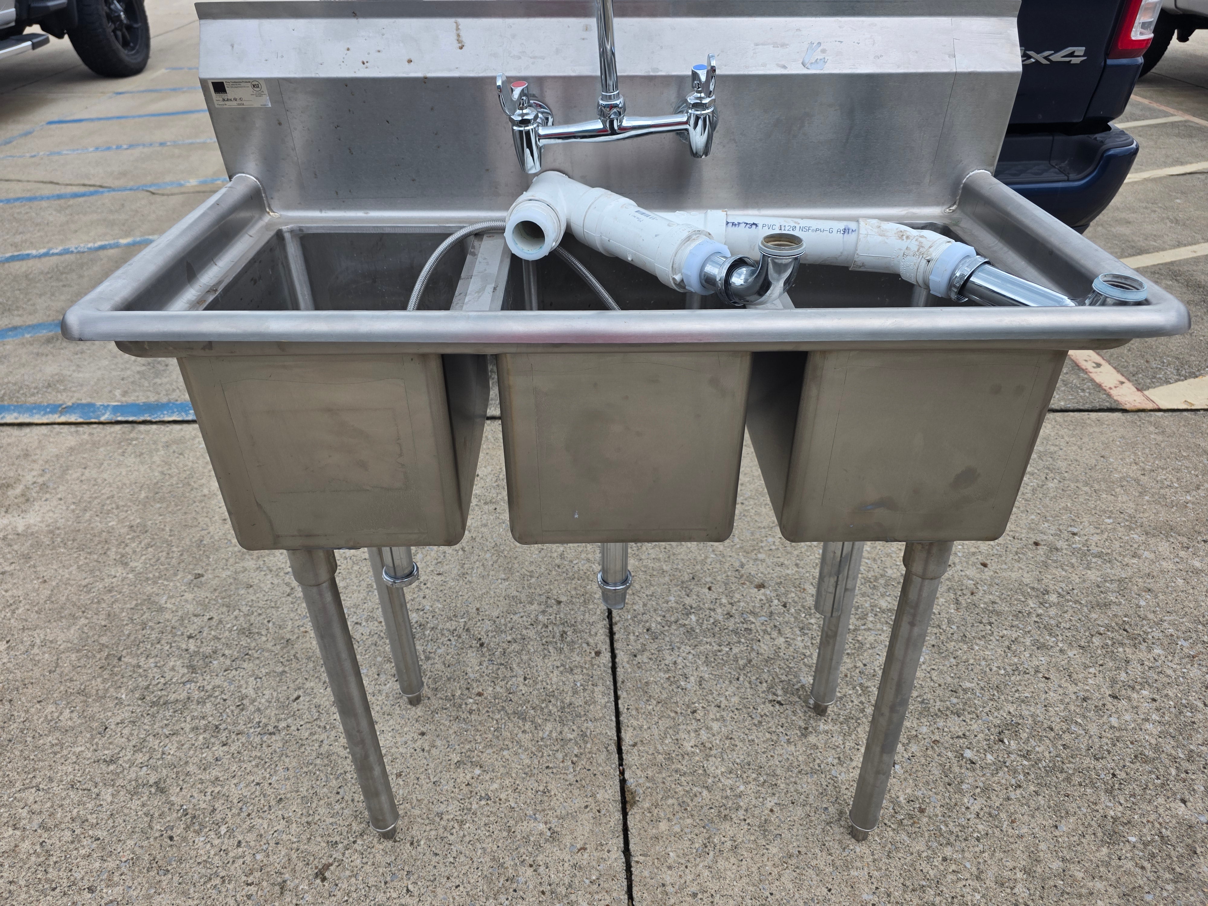 Used Elkay 39" X 19.75" 3 Compartment Stainless Steel sink with Faucet - SS412