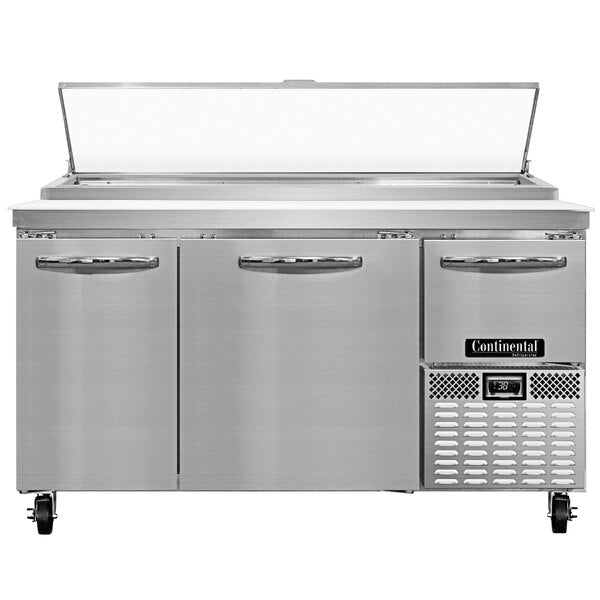 New 60" Continental PA60N Refrigerated Pizza Prep Table with Two Full Doors and One Half Door 120V