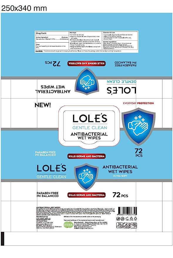 New 12pk (Case) LOLE'S Gentle Clean Portable Antibacterial Wet Wipes for Hands with Soothing Aloe Vera for Soft and Smooth Skin