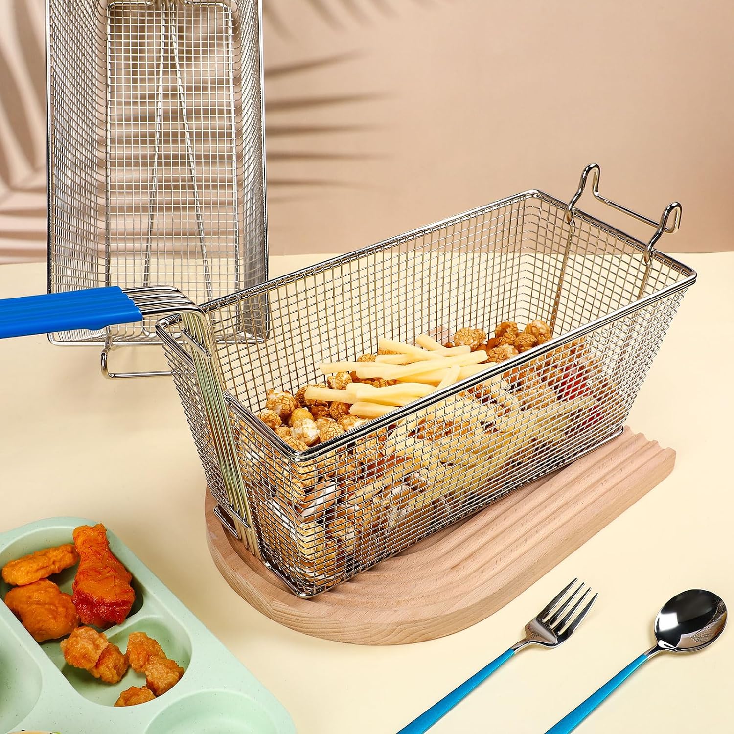 New Deep Fryer Basket with Non-Slip Handle and Front Hooks - 13 1/4" x 6 1/2" x 5 7/8"