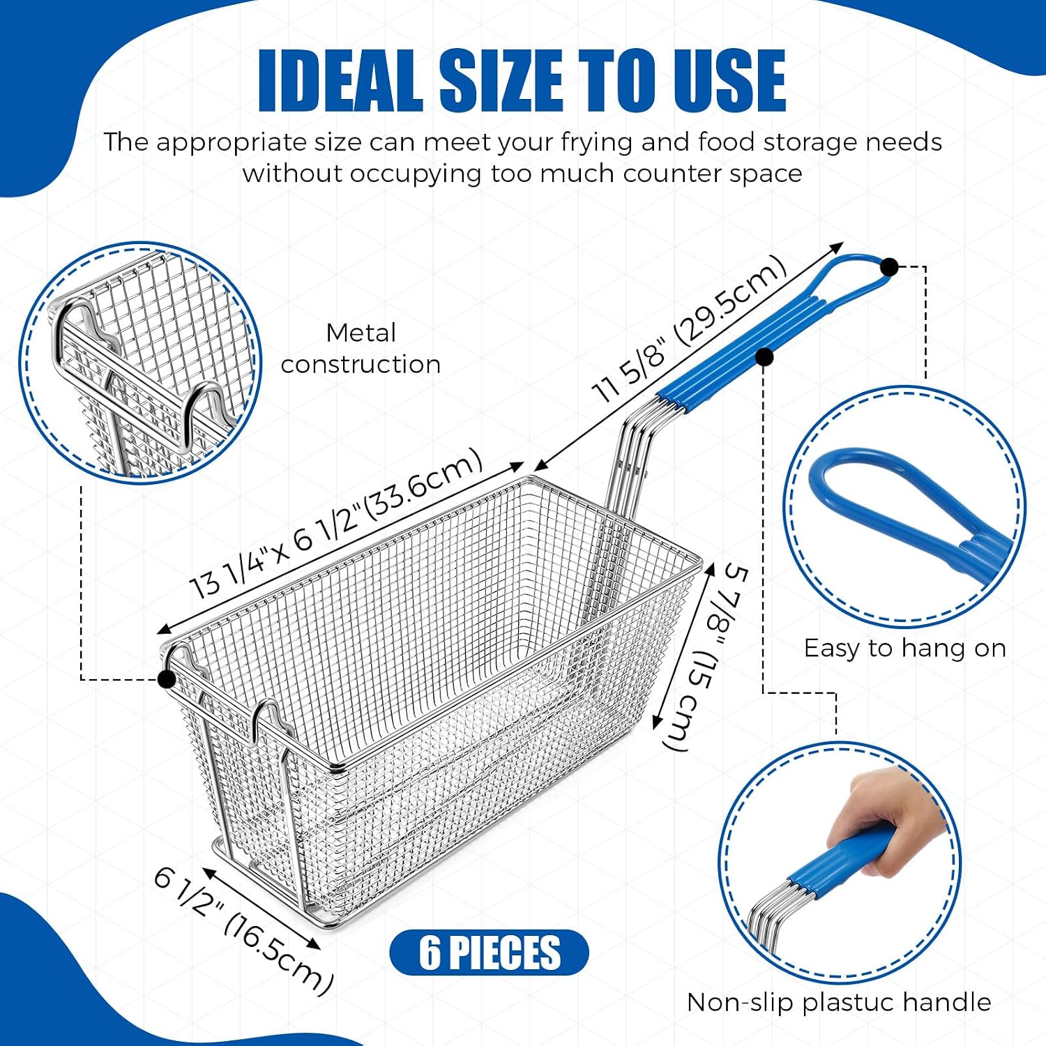 New Deep Fryer Basket with Non-Slip Handle and Front Hooks - 13 1/4" x 6 1/2" x 5 7/8"