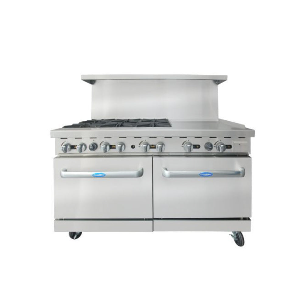 New Atosa AGR-6B24GR 60" Gas Range (6) 32,000 BTU Burners and 24" Griddle on the RIGHT with (2) 26" 1/2 Wide Ovens