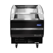 Black display case with glass front on a white background