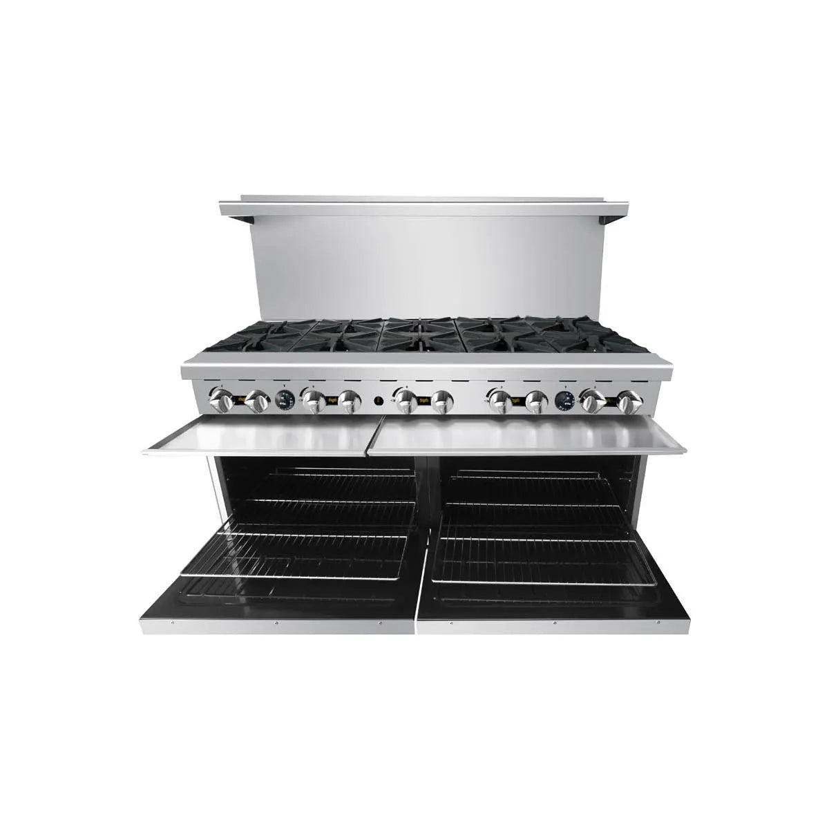 New Atosa AGR-10B 60" Gas Range. (10) 32,000 BTU Open Burners with (2) 26" 1/2 Wide Ovens, 4 Oven Racks (Castors Included)