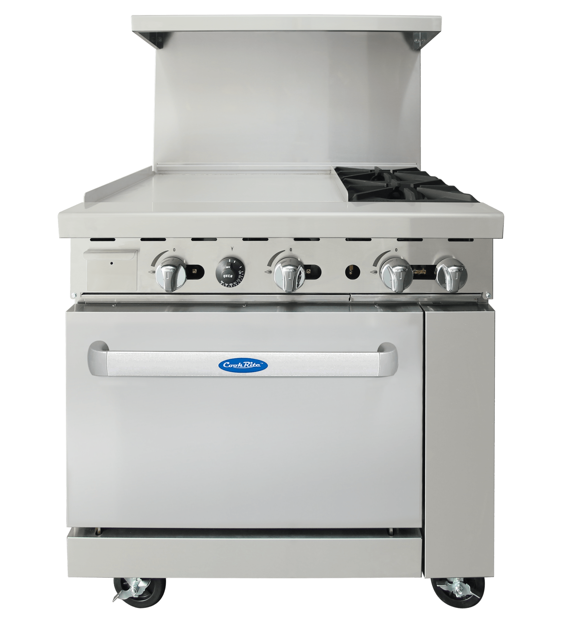 New Atosa AGR - 2B24GL 36" Gas Range (2) 32,000 BTU Burners and 24" Griddle on the LEFT with (1) 26" 1/2 Wide Oven - Falcon Restaurant Supply - 1