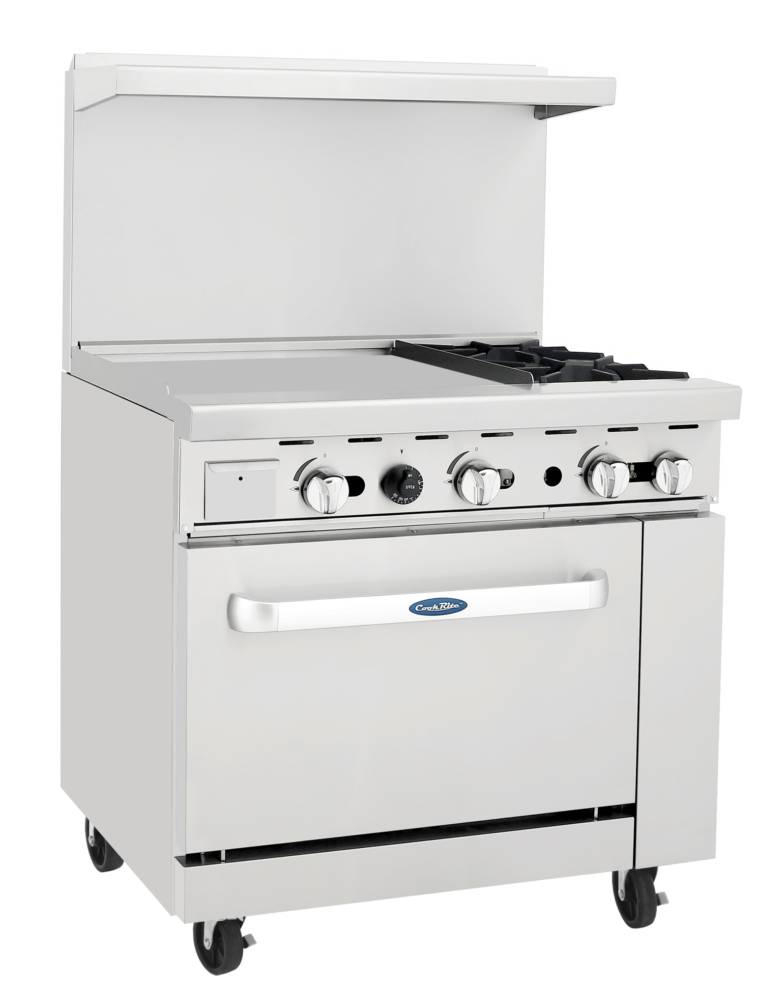 New Atosa AGR - 2B24GL 36" Gas Range (2) 32,000 BTU Burners and 24" Griddle on the LEFT with (1) 26" 1/2 Wide Oven - Falcon Restaurant Supply - 2