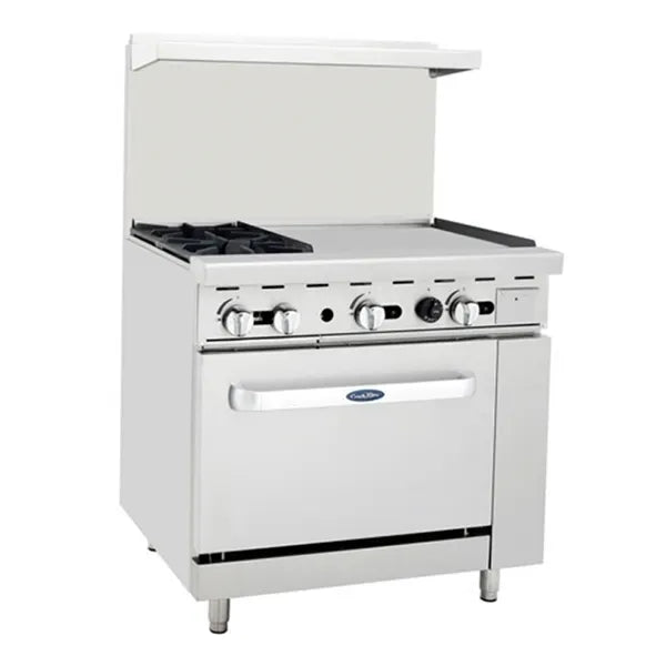 New Atosa AGR-2B24GR 36" Gas Range. (2) 32,000 BTU Burners and 24" Griddle on the RIGHT with (1) 26" 1/2 Wide Oven, 2 Oven Racks (Castors Included)