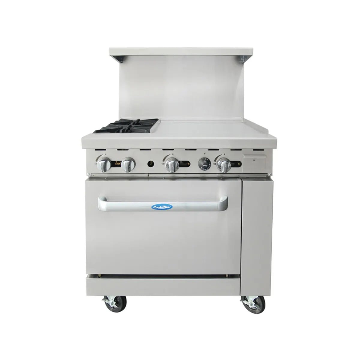 New Atosa AGR - 2B24GR 36" Gas Range. (2) 32,000 BTU Burners and 24" Griddle on the RIGHT with (1) 26" 1/2 Wide Oven, 2 Oven Racks (Castors Included) - Falcon Restaurant Supply - 3