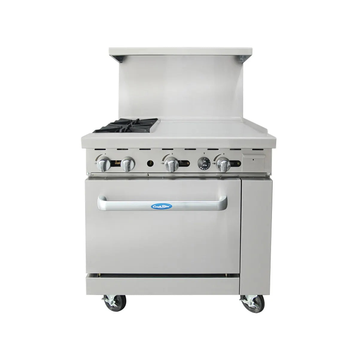New Atosa AGR-2B24GR 36" Gas Range. (2) 32,000 BTU Burners and 24" Griddle on the RIGHT with (1) 26" 1/2 Wide Oven, 2 Oven Racks (Castors Included)