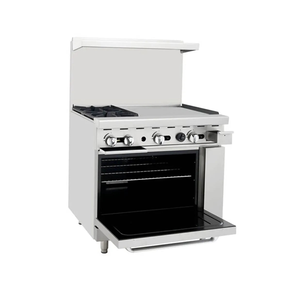 New Atosa AGR-2B24GR 36" Gas Range. (2) 32,000 BTU Burners and 24" Griddle on the RIGHT with (1) 26" 1/2 Wide Oven, 2 Oven Racks (Castors Included)